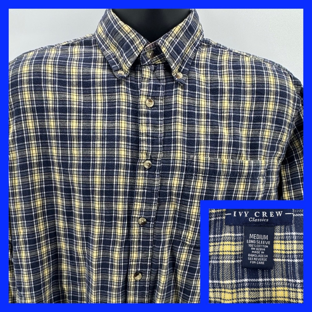 Ivy Crew Classics Button Down Shirt Mens Medium Navy Yellow Plaid‎ Cotton LS